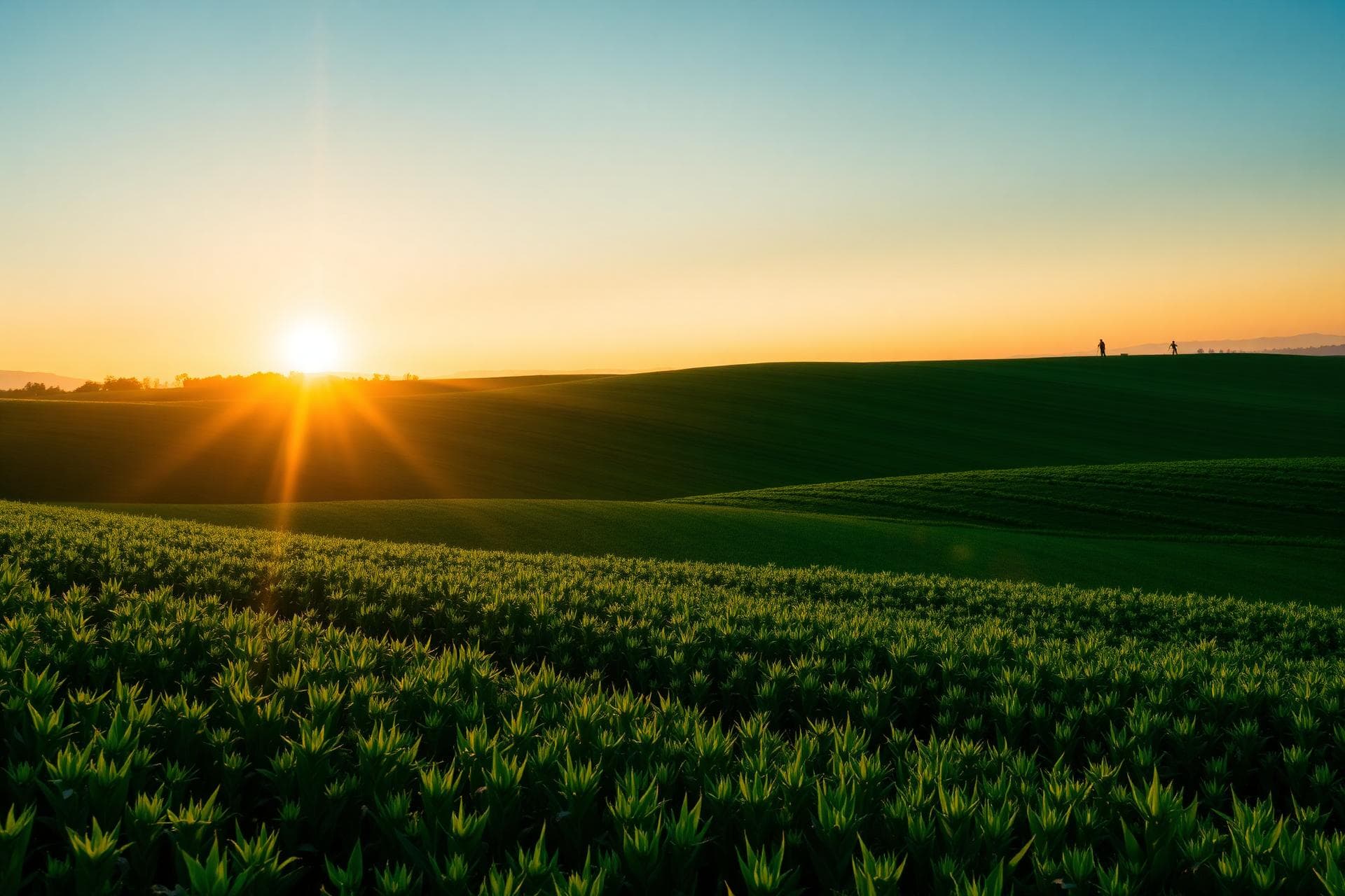 Sunrise over rolling green farm fields